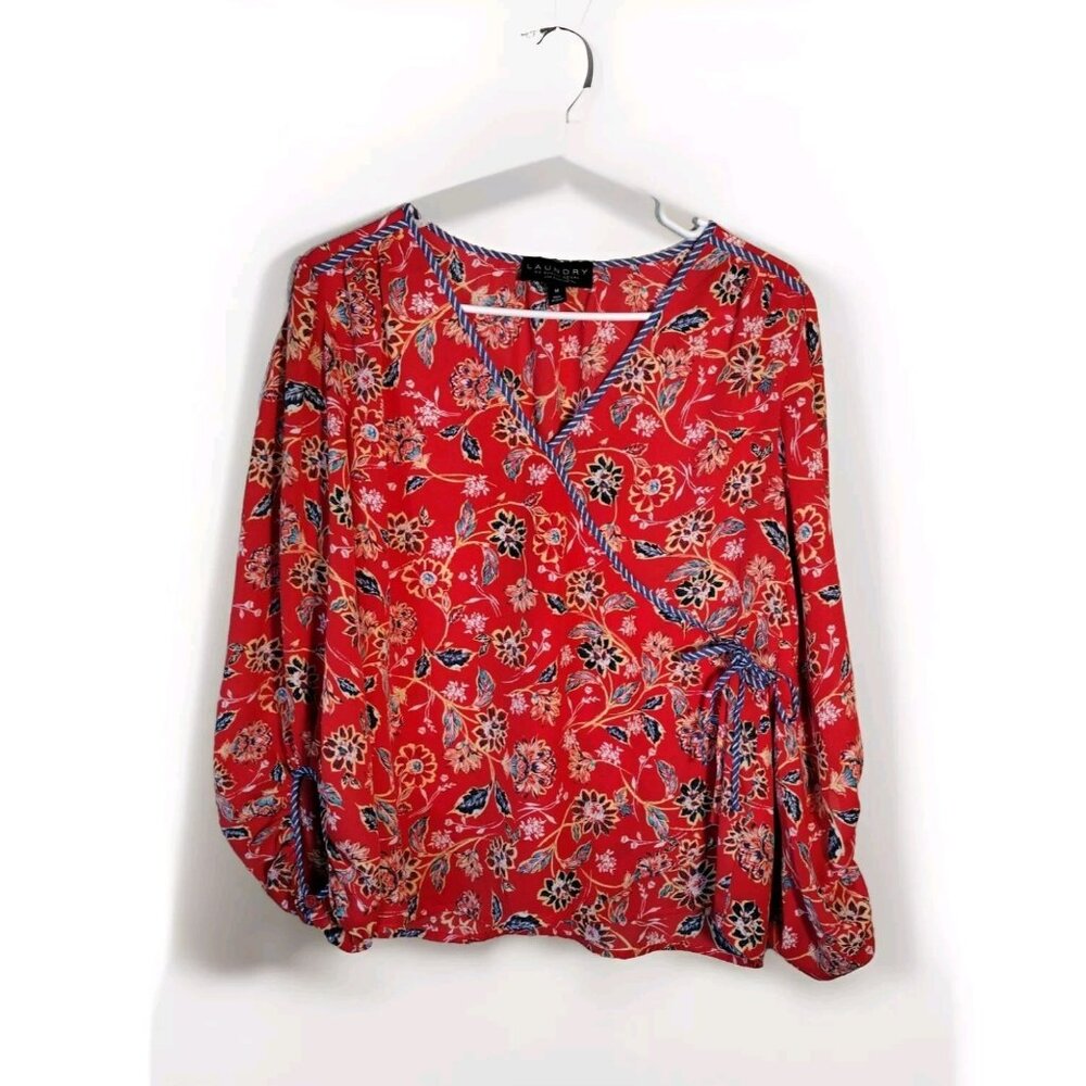 Laundry Shelli Segal Top Medium Faux Wrap Balloon Sleeve Floral